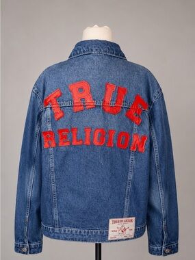 True Religion World Tour Denim Jacket L Large Blue Jean Red Stitch Logo